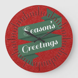 Red Glitter Happy Christmas Greetings Large Clock