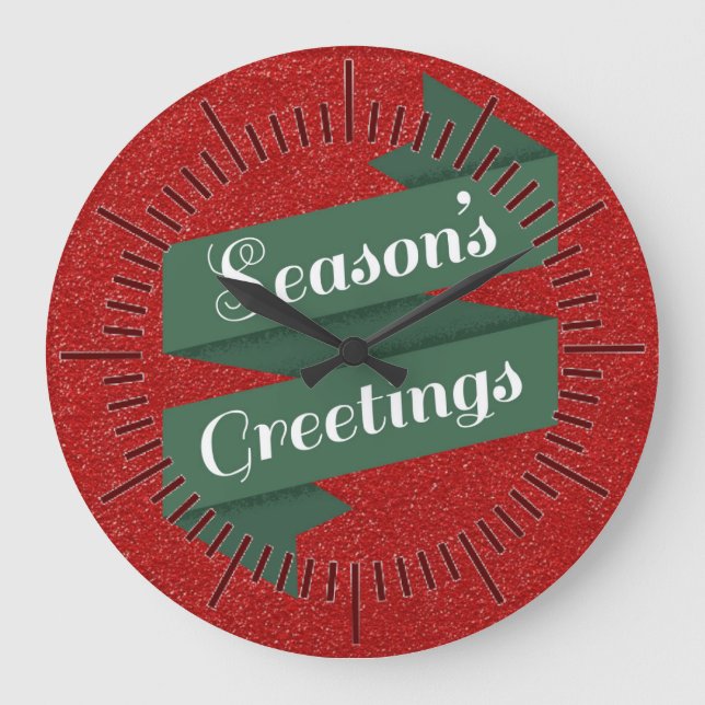 Red Glitter Happy Christmas Greetings Large Clock (Front)