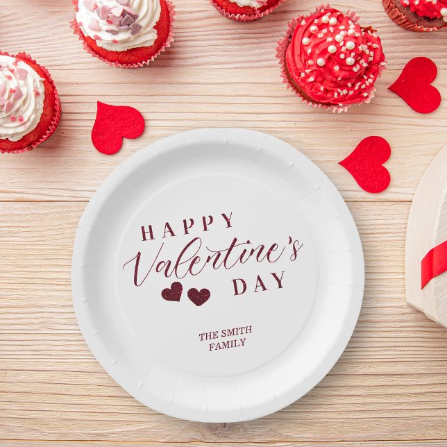 Red Glitter Happy Valentine's Day Hearts Paper Plate (Red Glitter Effect Happy Valentine's Day Hearts Plates.)