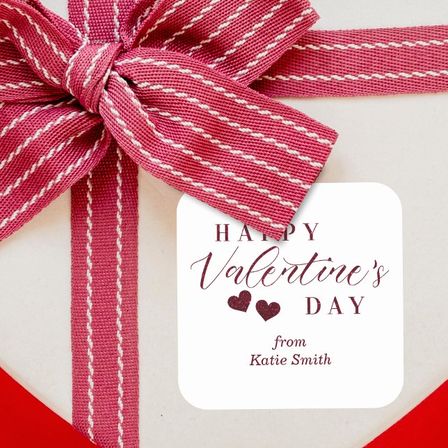 Red Glitter Happy Valentine's Day Hearts Square Sticker (Red Glitter Effect Happy Valentine's Day Hearts Sticker.)