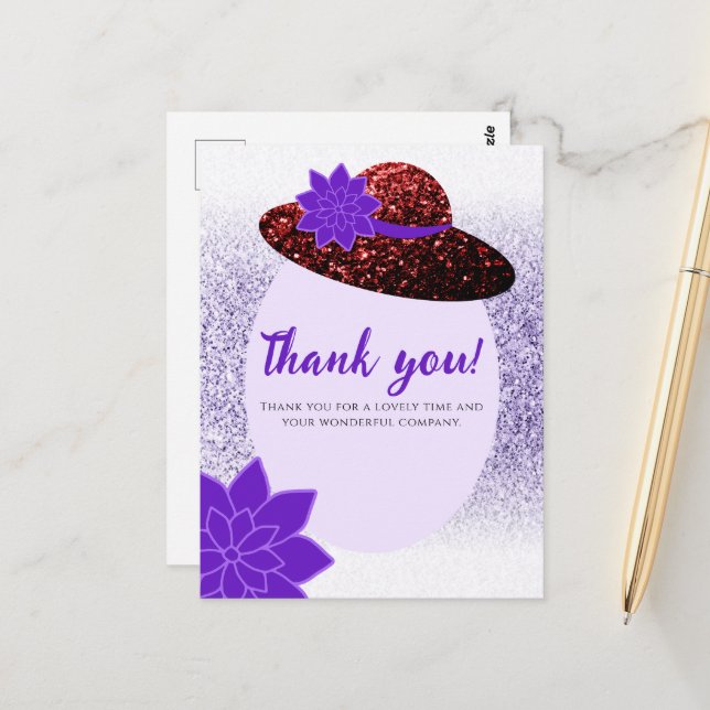 Red glitter hat purple lavender Thank you Postcard (Front/Back In Situ)