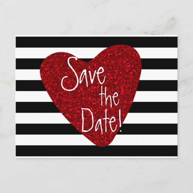 Red Glitter Heart Black White Striped Postcard (Front)