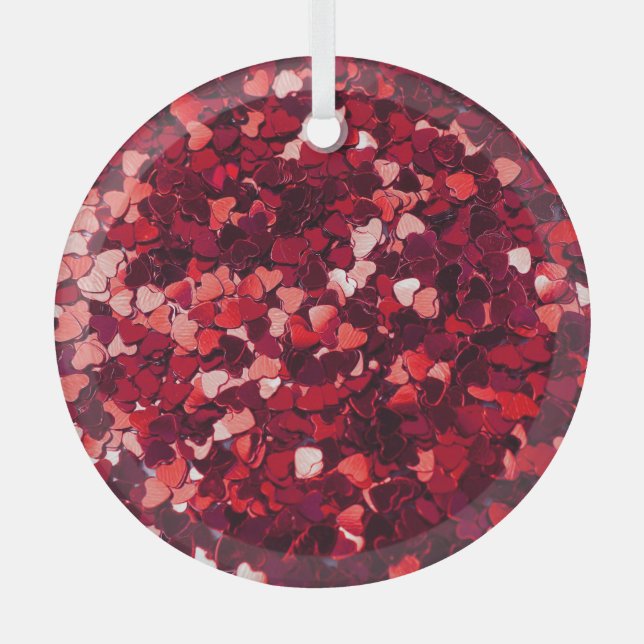 Red Glitter Heart: Minimalist Texture. Glass Tree Decoration (Front)