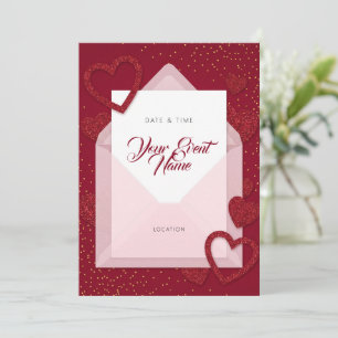 Red Glitter Heart Pink Envelope Romantic Invitation