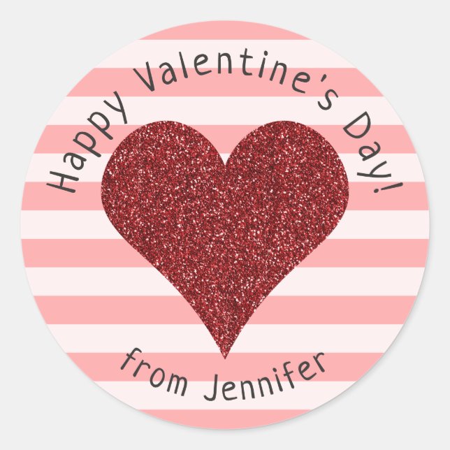 Red Glitter Heart Stripes Happy Valentine's Day Classic Round Sticker (Front)
