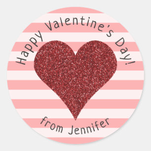 Red Glitter Heart Stripes Happy Valentine's Day Classic Round Sticker
