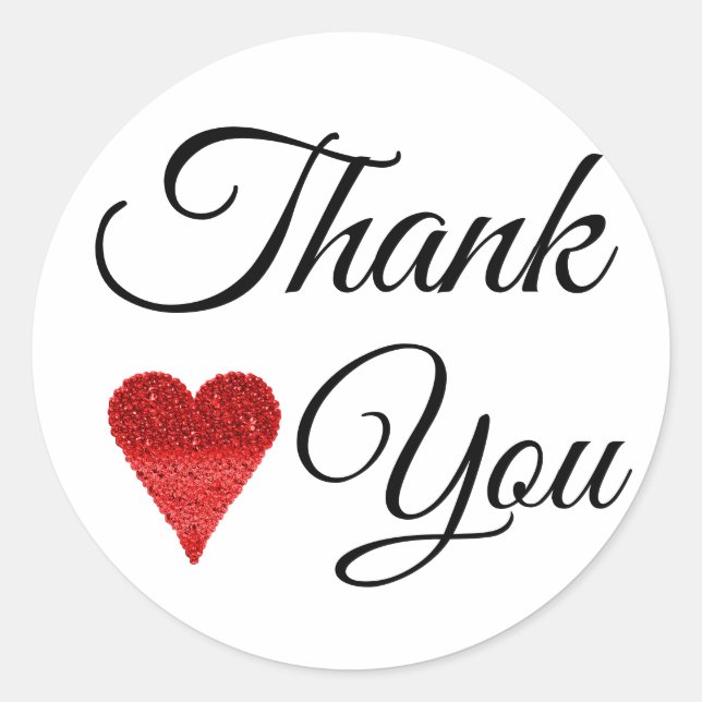 Red Glitter Heart Thank You Classic Round Sticker (Front)