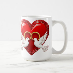 Red Glitter Heart With Interlocked Wedding Rings Coffee Mug