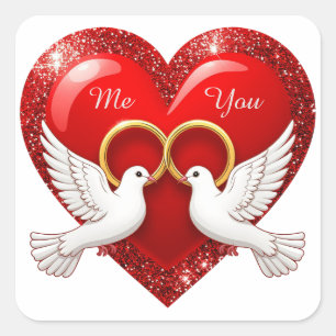 Red Glitter Heart With Interlocked Wedding Rings Square Sticker