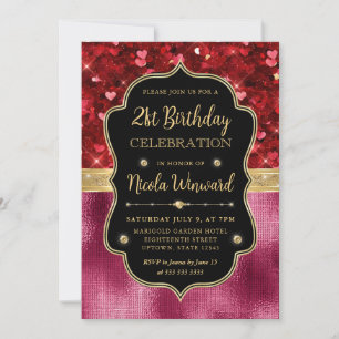 Red Glitter Hearts and Pink Foil 21st Birthday Invitation