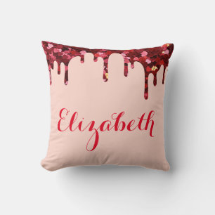Red Glitter Hearts Drips with Name and Text Cushion