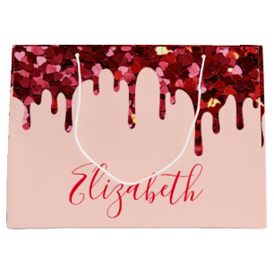 Red Glitter Hearts Drips with Name and Text  Large Gift Bag
