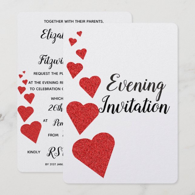 Red Glitter Hearts Evening Invitation (Front/Back)