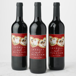 Red Glitter Hearts Photo Custom Wedding Wine Label