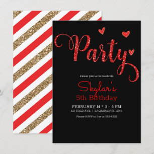 Red Glitter Hearts Valentine's Day Birthday Party  Invitation