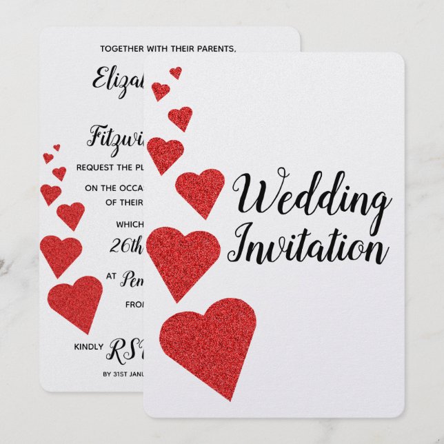 Red Glitter Hearts Wedding Invitation (Front/Back)