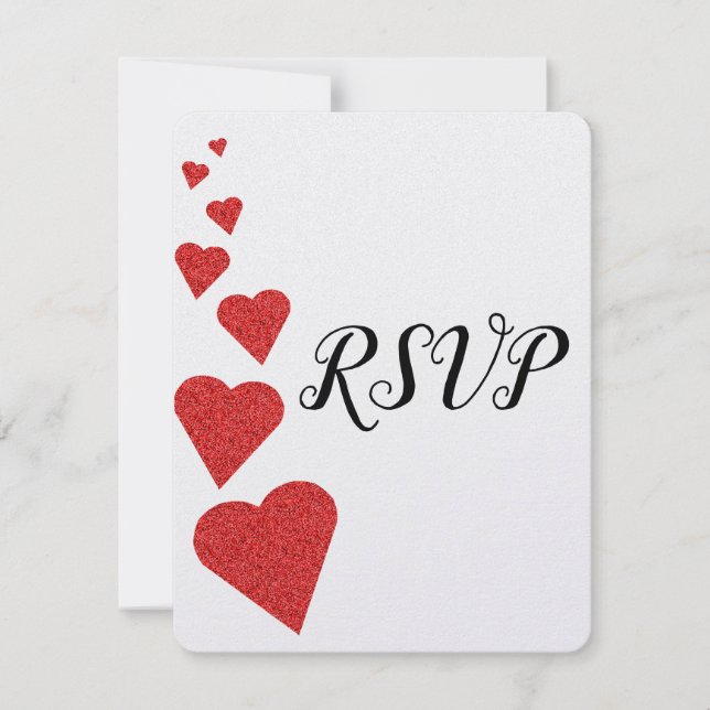 Red Glitter Hearts Wedding RSVP (Front)