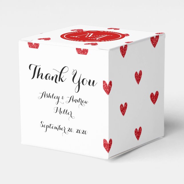 Red Glitter Hearts with Monogram Favour Box (Front Side)