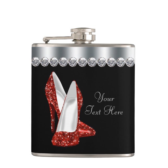Red Glitter High Heel Shoes Hip Flask (Front)
