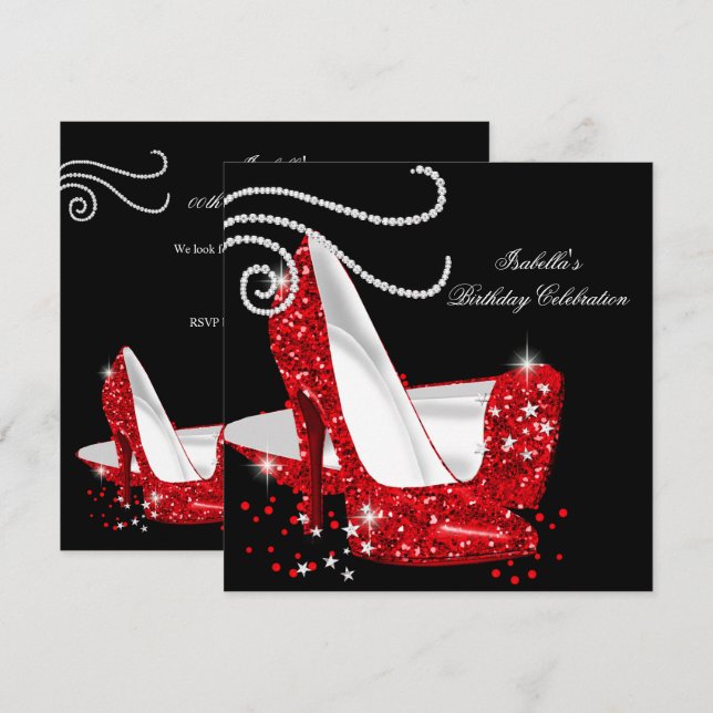 Red Glitter High Heels Black Birthday Party Invitation (Front/Back)