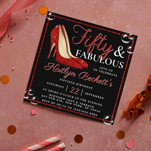 Red Glitter High Heels | Fifty & Fabulous Birthday Invitation (Creator Uploaded)