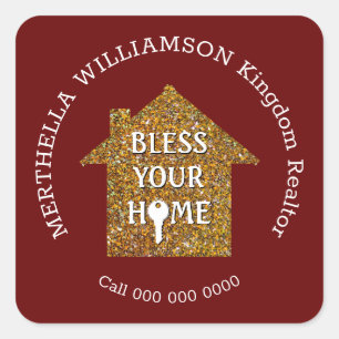 Red Glitter House Realtor Real Estate Square Sticker