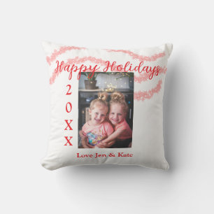 Red glitter kids family photo happy holidays name cushion