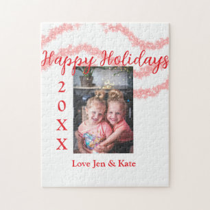 Red glitter kids family photo happy holidays name jigsaw puzzle