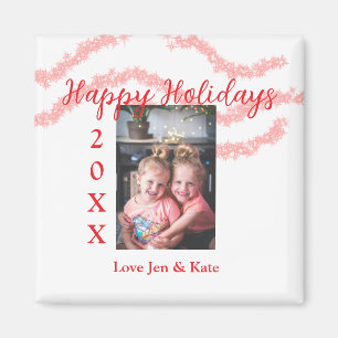 Red glitter kids family photo happy holidays name magnet