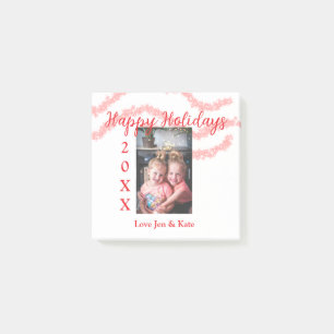 Red glitter kids family photo happy holidays name post-it notes