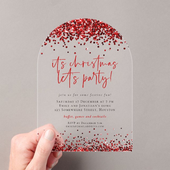 Red Glitter Lets Party Christmas Acrylic Acrylic Invitations (Insitu (Handheld))