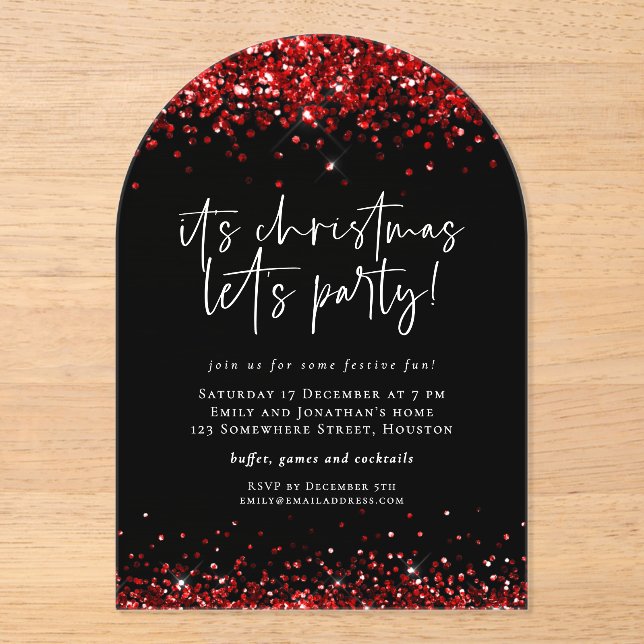 Red Glitter Lets Party Christmas Black Acrylic Acrylic Invitations (Front)