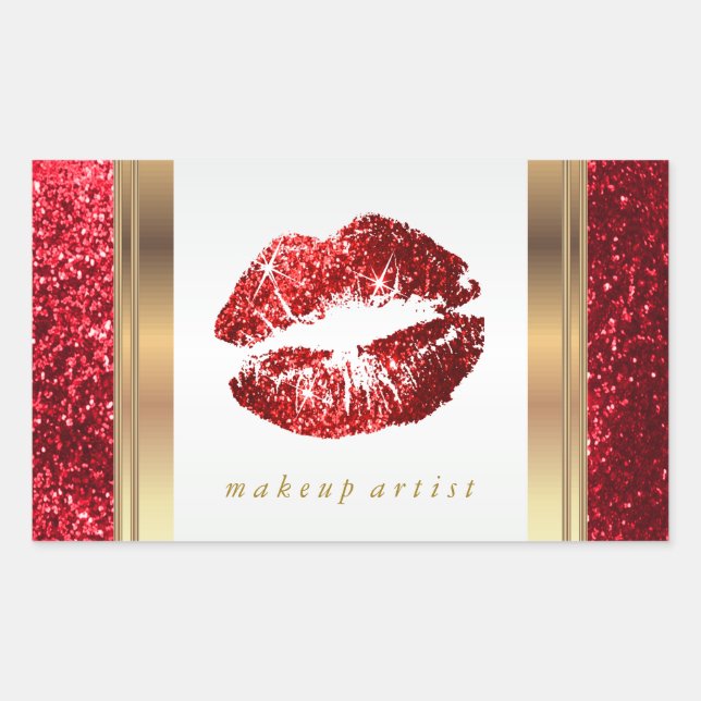 Red Glitter Lips and Elegant Gold Accents 2 Rectangular Sticker (Front)