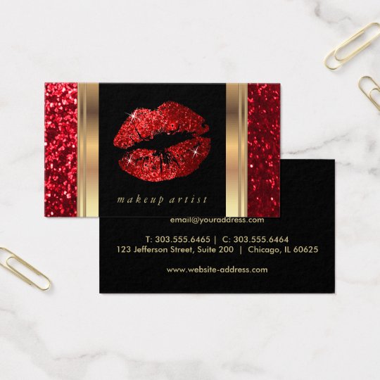 Red Glitter Lips and Elegant Gold Business Card