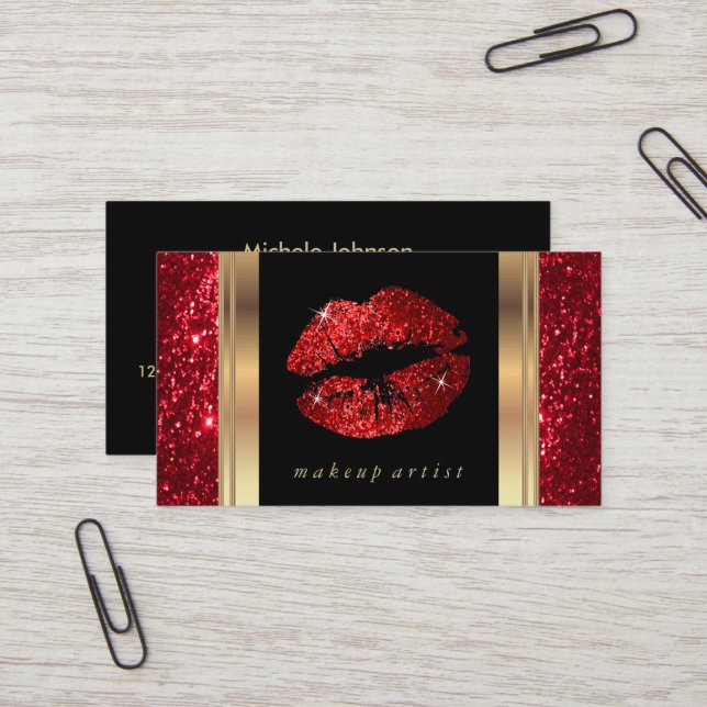 Red Glitter Lips and Elegant Gold Business Card (Front/Back In Situ)