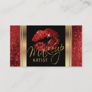 Red Glitter Lips and Elegant Gold Script Business Card