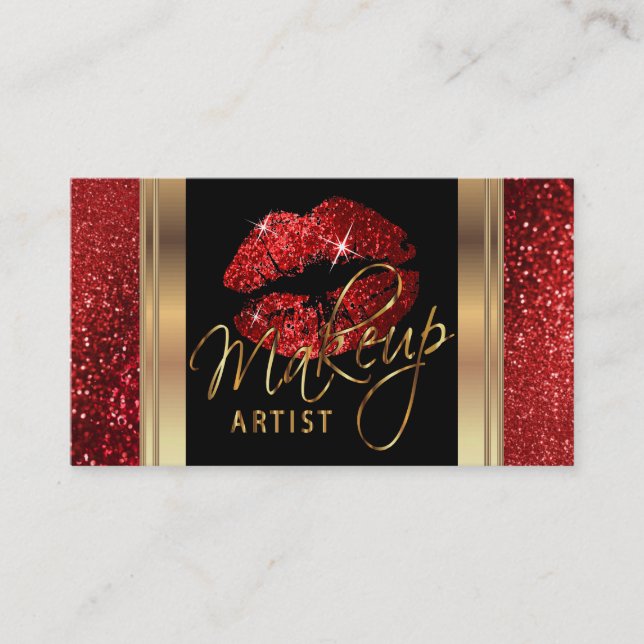 Red Glitter Lips and Elegant Gold Script Business Card (Front)