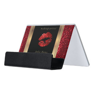 Red Glitter Lips and Elegant Gold Script Desk Business Card Holder