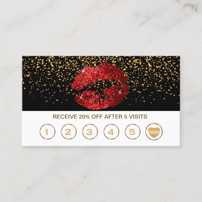 Red Glitter Lips Loyalty Cards on Black & White (Front)