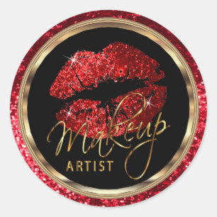 Red Glitter Lips Makeup Artist Classic Round Sticker