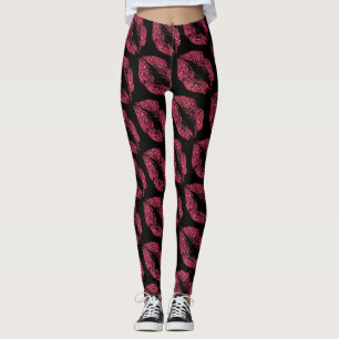 Red Glitter Lips Modern Black Leggings