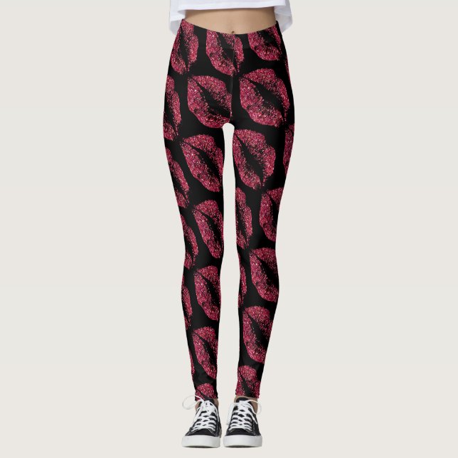 Red Glitter Lips Modern Black Leggings (Front)