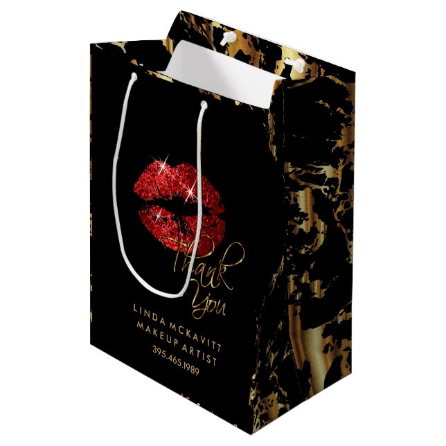 Red Glitter Lipstick and Gold Marble - Thank You Medium Gift Bag (Front Angled)