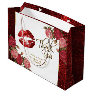 Red Glitter Lipstick and  Roses - Thank You Large Gift Bag