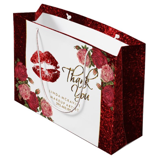 Red Glitter Lipstick and  Roses - Thank You Large Gift Bag (Back Angled)