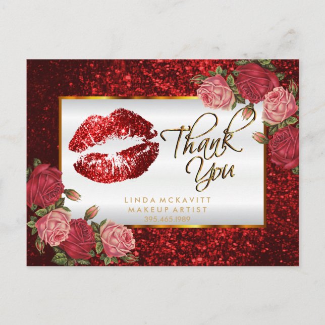 Red Glitter Lipstick and  Roses - Thank You Postcard (Front)