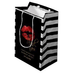 Red Glitter Lipstick and White Stripes - Thank You Medium Gift Bag