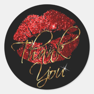 Red Glitter Lipstick on Black - Thank You Classic Round Sticker