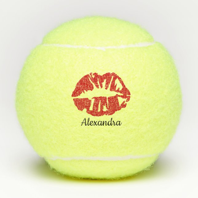 Red Glitter Lipstick Sensual Kiss Customised Name Tennis Balls (Front)