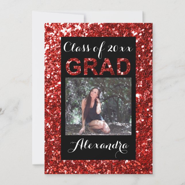 Red Glitter-Look 1 Photo Graduation Invitation (Front)